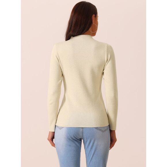 Fall Winter Long Sleeve Ribbed Knit Slim Fit Pullover Sweater Top Beige - Picture 4 of 5